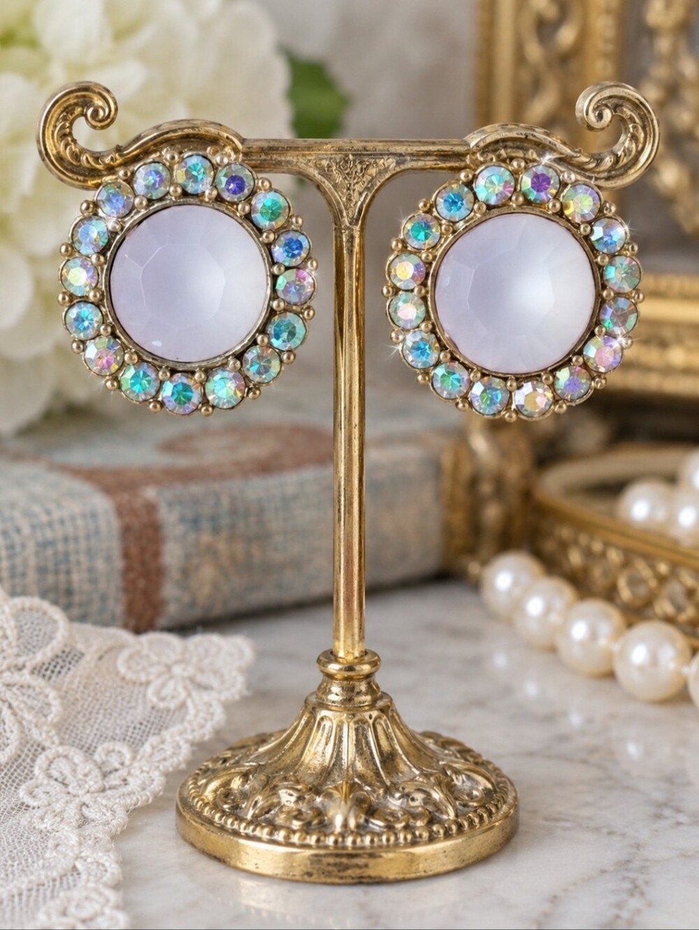 Aurora Borealis Opaline Faceted Pierced Round Earrings Vintage Reproduction NEW